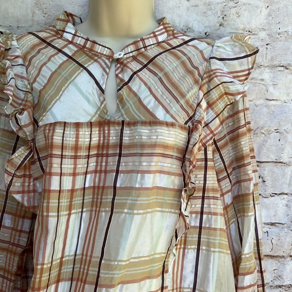 Current Air Anthropologie Polly Plaid Ruffled Shirt Top Blouse Sz Large L Cute - Picture 7 of 10